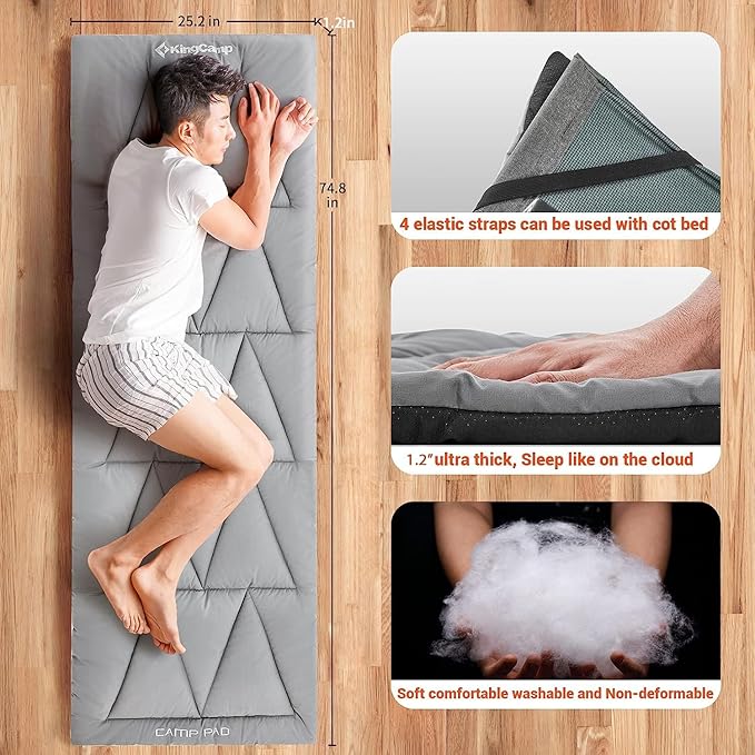 KingCamp Cot Pad Topper for Camping, Soft Warm Non-Slip Cot Mattress, Comfortable Lightweight Sleeping Mat for Outdoor & Indoor, Picnic, Hiking, Backpacking, Yoga