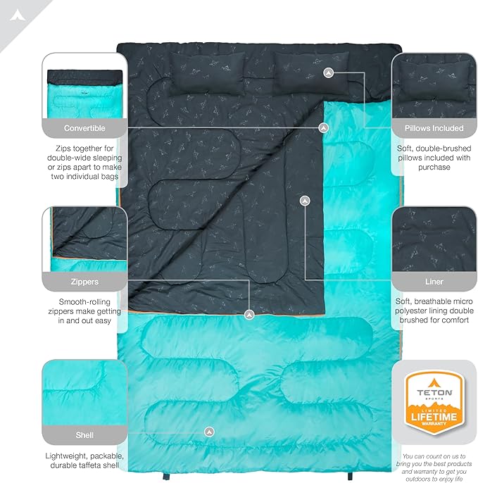 Teton Mammoth Queen Size Double Sleeping Bag- A Warm Bag The Whole Family can Enjoy – Great for Camping, Hunting and Base Camp. Compression Sack Included
