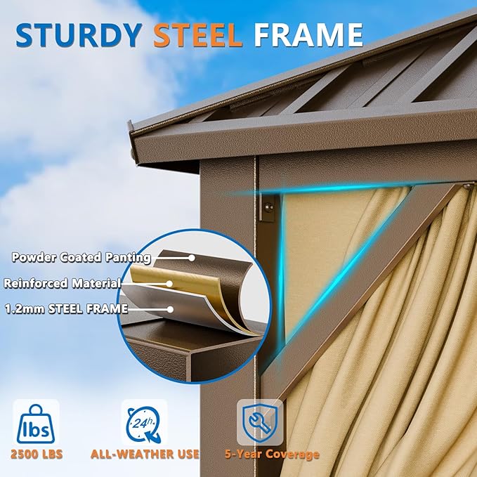 HOTEEL 12x20 Hardtop Gazebo with Metal Roof, Heavy Duty Galvanized Steel Gazebo, Reinforced Square Column, Flame-Resistant Curtains and Netting, Suitable for All-Weather,Brown(Pro)