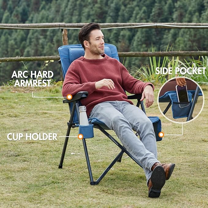 PORTAL Reclining Camping Chair with Adjustable Back Folding Camp Recliner for Adults Portable High Back Oversized, 400LBS (Blue)