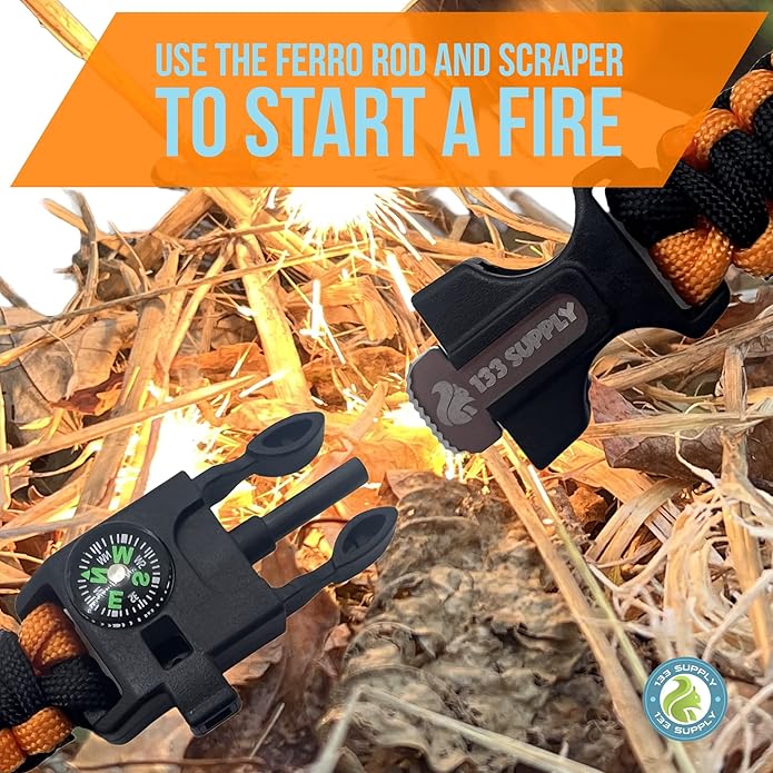 Adjustable Paracord Bracelet Compass Hiking Survival Whistle Loud, Emergency Fire Starter Kit, Camping Accessories Fishing Hunting EDC Backpacking Gear, Tactical Survival Gear and Equipment