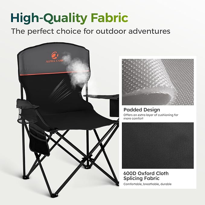 ALPHA CAMP Folding Camping Chairs for Adults Lawn Chairs Outdoor Chairs Support 250 LBS Portable Camp Chairs with Cup Holders Cooler Pouch for Outdoor, 2 Pack (Black)