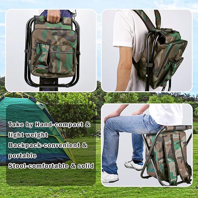 Kikerike Folding Stool Backpack Insulated Cooler Bag, Collapsible Camping Hunting Fishing Multifunction Chair with Front Pocket and Bottle Pocket for Outdoor Events, Hiking, Travel, Beach