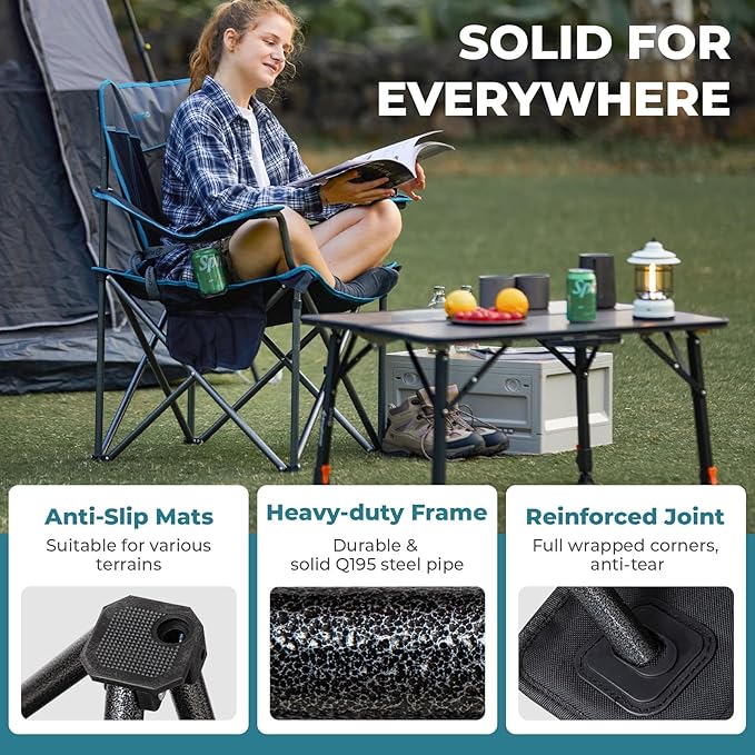 FUNDANGO Oversized Camp Chair, 2 Pack,550lbs Heavy Duty Portable Foldable Lawn Chair with Padded Lumbar Support Seat & Back, 4-can Cooler & Cup Holder, Carry Bag Included for Outdoor (Black/Grey)