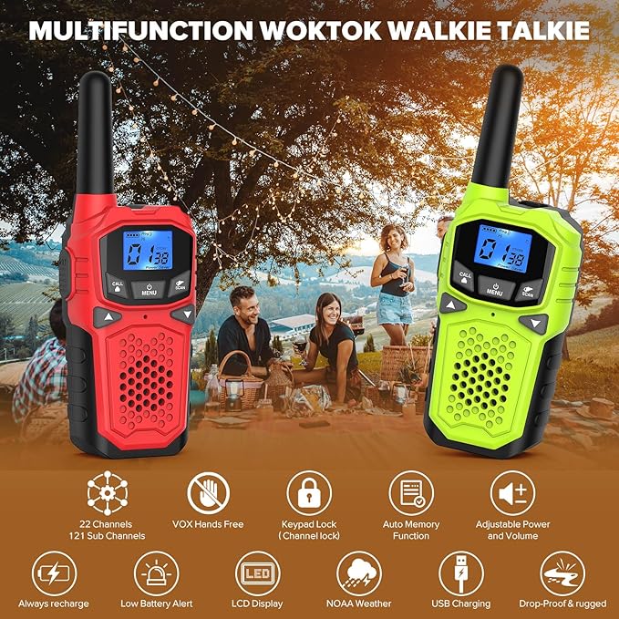 Walkie Talkies for Adults- WokTok Long Range Two Way Radio for Camping Hiking Hand Held Hiking Accessories Camping Gear Xmas Birthday Gift for Kids,SOS Siren,NOAA Weather Alert,2 Radios