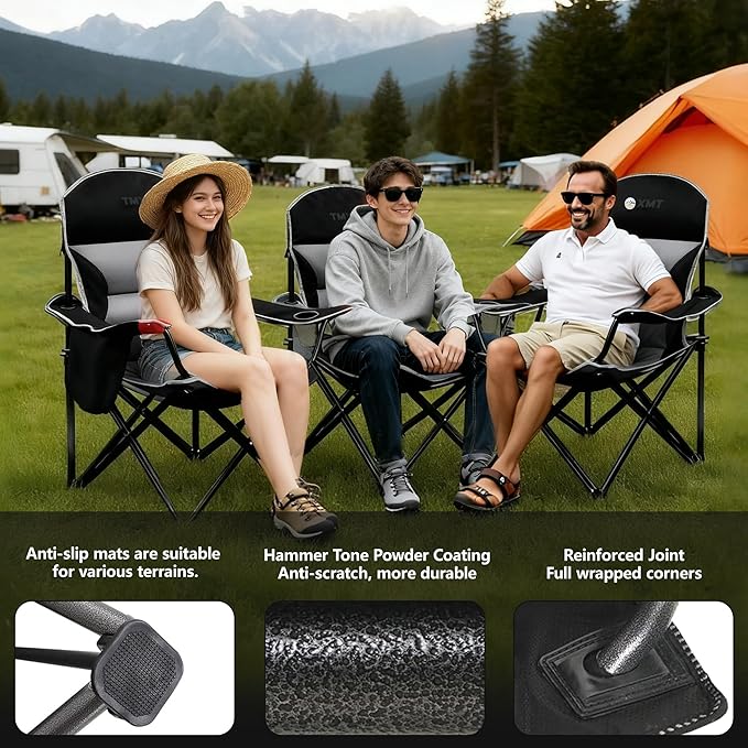 XMT Extra Wide Armrests Portable Folding Chair with Cup Holder Cooler Bag Heavy Duty 600D Oxford Fabric Supports 450lbs Compact Foldable Camping Chair for Outdoor Beach Picnic Sports