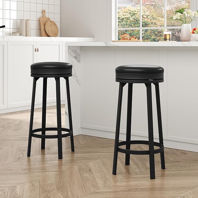 IDEALHOUSE 30'' Swivel Bar Stools Set of 2 with Footrest, Modern Counter Height Barstools with PU Leather Upholstered and Metal Frame, Backless Round Bar Stools for Kitchen Island, Black