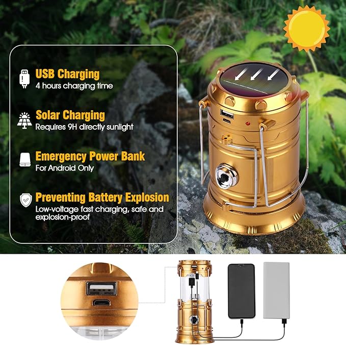 Solar Camping Lantern for Power Outages - USB Rechargeable Lamp Camping Essentials,Collapsible Portable Waterproof Solar Lights for Indoor Outdoor Emergency Light/Gold