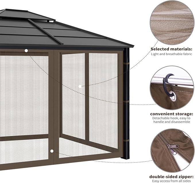 Gazebo Replacement Mosquito Netting Outdoor Universal Gazebo Canopy 4-Panels Screen Sidewalls with Zipper for Patio Garden (Coffee, 10x12)