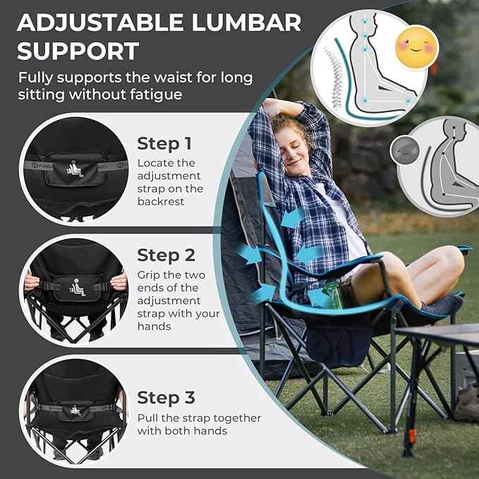 FUNDANGO Oversized Camp Chair, 2 Pack,550lbs Heavy Duty Portable Foldable Lawn Chair with Padded Lumbar Support Seat & Back, 4-can Cooler & Cup Holder, Carry Bag Included for Outdoor (Black/Grey)