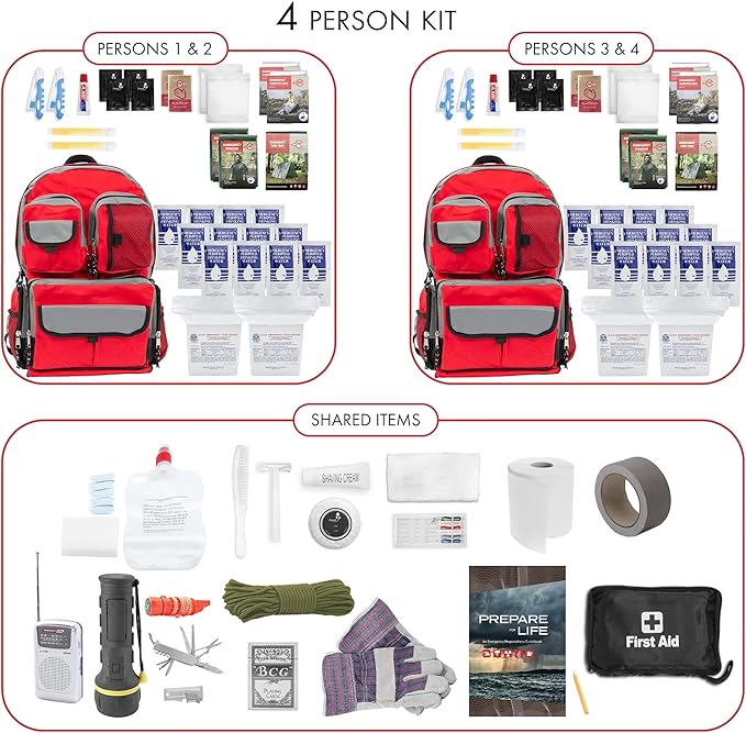 Family Emergency Kit - 4 Person | All-in-one Survival Kit Backpack for Earthquake, Flood, Disaster Relief, Civil Unrest & Outdoor - Survival Bag & Emergency Preparedness Kit for Families