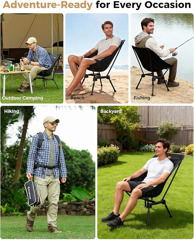 KingCamp Portable Backpacking Chair, 4-Position Adjustable Height Folding Compact Lightweight Camping Chairs with Cup Holders & Carry Bag for Outdoor Camp Hiking Lawn Fishing