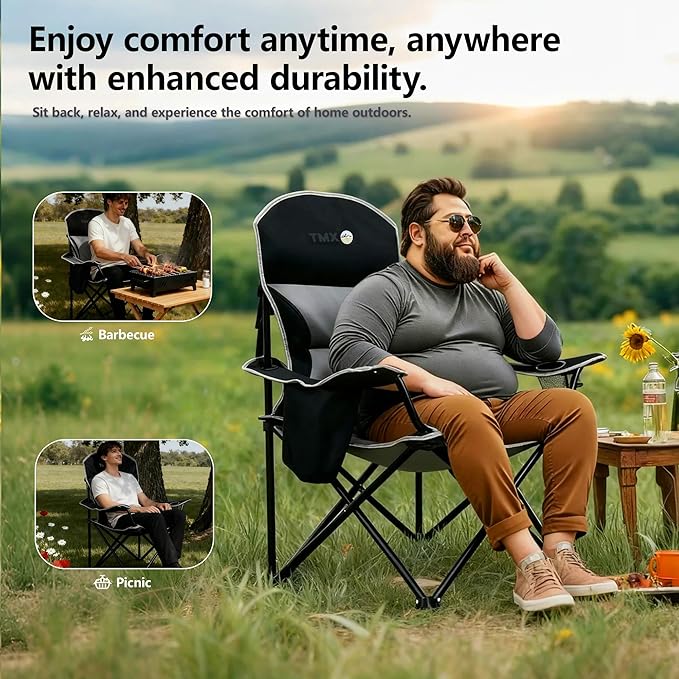 XMT Extra Wide Armrests Portable Folding Chair with Cup Holder Cooler Bag Heavy Duty 600D Oxford Fabric Supports 450lbs Compact Foldable Camping Chair for Outdoor Beach Picnic Sports
