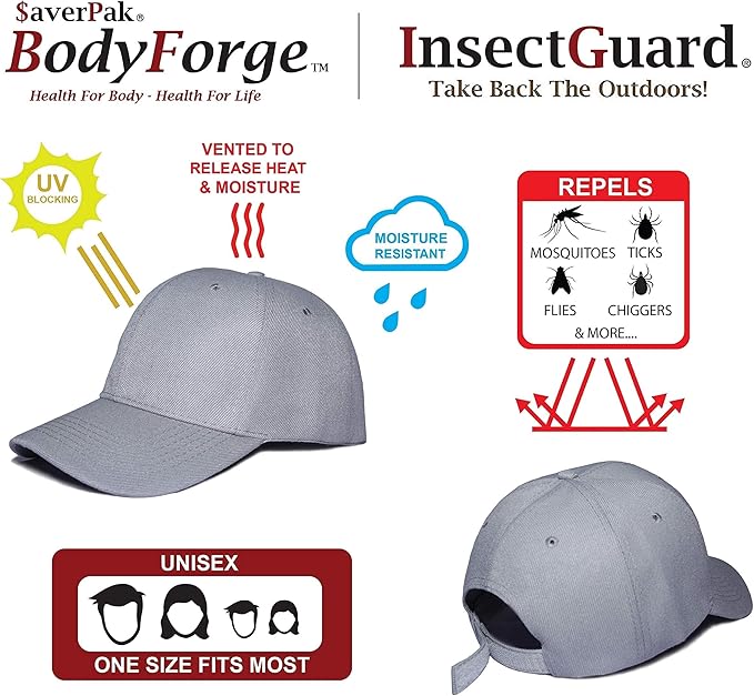 $averPak InsectGuard & BodyForge Mosquitoes Flies Ticks Insect Repellent Mens Womens Hiking Camping and Hunting Baseball Caps