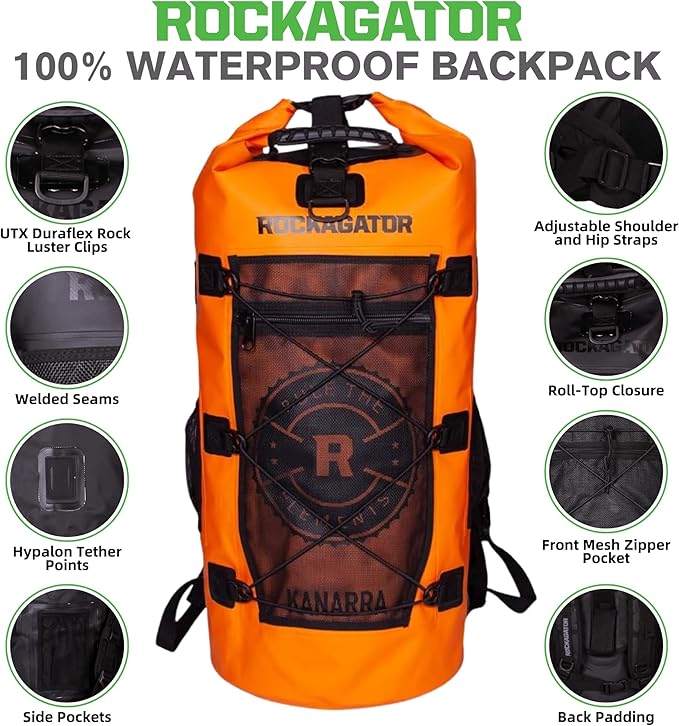 Kanarra 90L Waterproof Backpack for Camping, Hiking, Mountaineering, Backpacking, Hunting, Fishing, Canoeing, Outdoor Activities, The Wet Outdoors - Large Capacity, Roll Top Closure, Orange