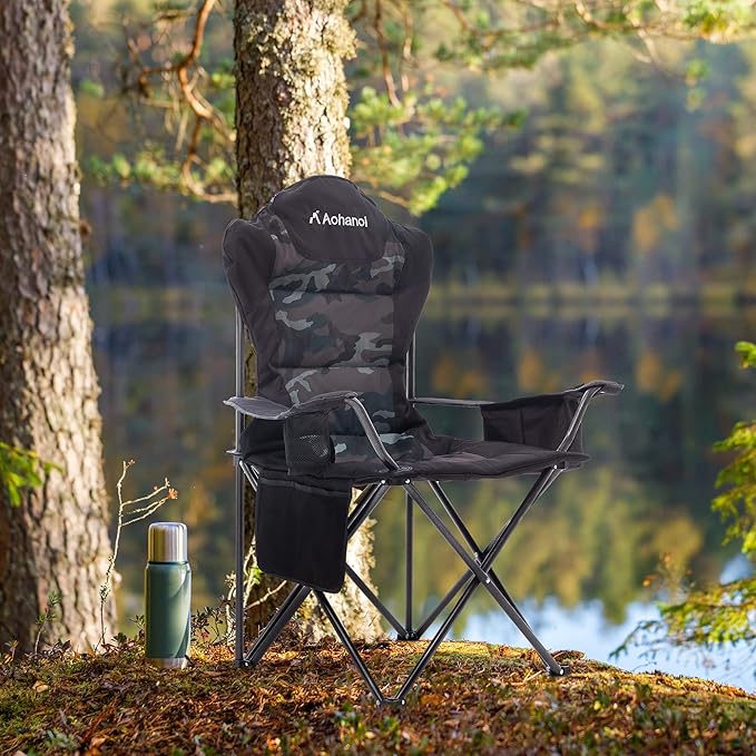 Camping Chairs, Outdoor Folding Chairs 2 Pack for Heavy People, Folding Chairs for Outside, Camp Chairs with Cup Holder & Cooler Bag, Supports up to 300lbs (2 Pcs, Camo)