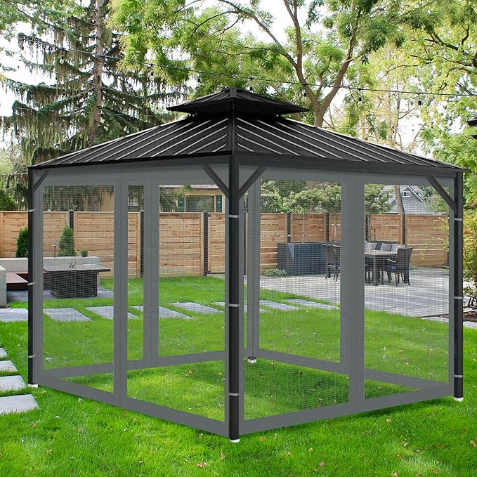 Gazebo Universal Replacement Mosquito Netting, 10' x 12' Outdoor Mesh Netting Screen 4-Panel Sidewall with Zipper for Patio Canopy Garden Porch Pergolas and Backyard, Gray(Mosquito Net Only)
