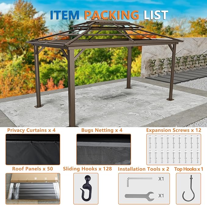 HOTEEL 10x15 Hardtop Gazebo on Clearance with Heavy Duty Galvanized Steel Double Metal roof,Aluminum Frame,Patio Gazebo with Curtains and Netting,Outdoor Permanent Gazebo Pavillon for Backyard,Bronw