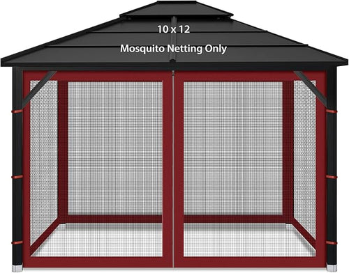 Gazebo Replacement Mosquito Netting Outdoor Universal Gazebo Canopy 4-Panels Screen Sidewalls with Zipper for Patio Garden (Red, 10x12)
