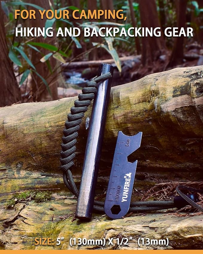 YUNFIRE Fire Starter-5" x 1/2" Thick Ferro Rod with Multi-Tool Striker & Type 550 Paracord, 25,000+ Strikes, Drilled Flint Fire Steel for Emergency Survival, Camping, Hiking