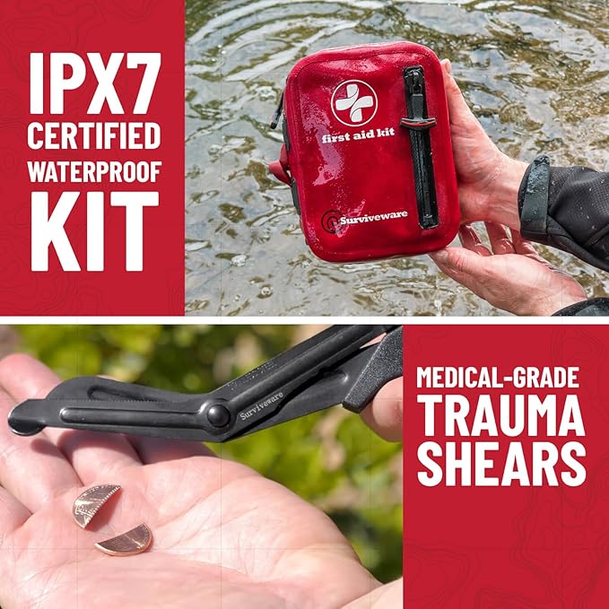 Surviveware Waterproof First Aid Kit - Survival Emergency Preparedness for Travel Camping Gear, Survival Kits, Home Essentials and Outdoor Emergencies - Small 100 Piece