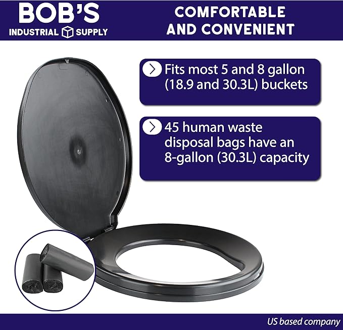 BISupply Camping Toilet Seat For 5 Gallon Bucket - Portable Toilet Seat Lid with Human Waste Bags for Outdoors - Bedside Commode Portable Bathroom Bucket Seat - Emergency Disaster Totable Toilet Lid