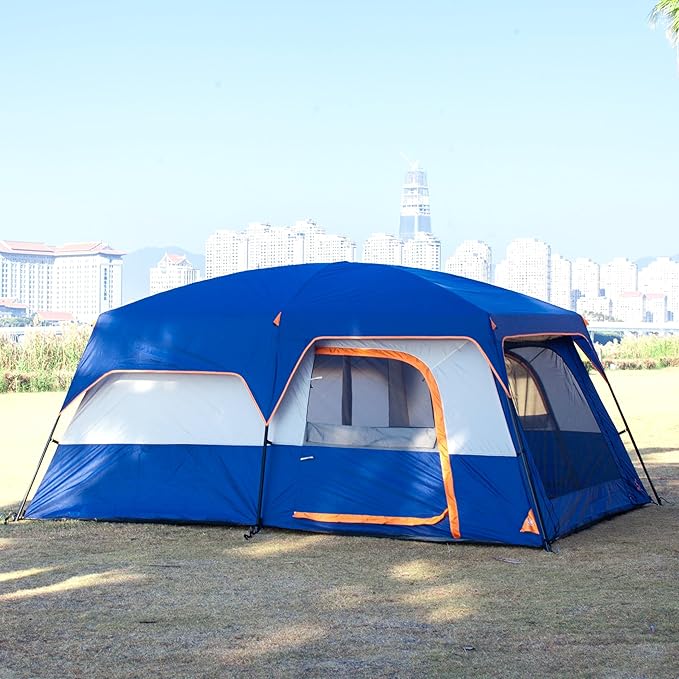 KTT Extra Large Tent 6-10-12-14 Person(B),Family Cabin Tents,2 Rooms,3 Doors and 3 Windows with Mesh,Straight Wall,Waterproof,Double Layer,Big Tent for Outdoor,Picnic,Camping,Family Gathering