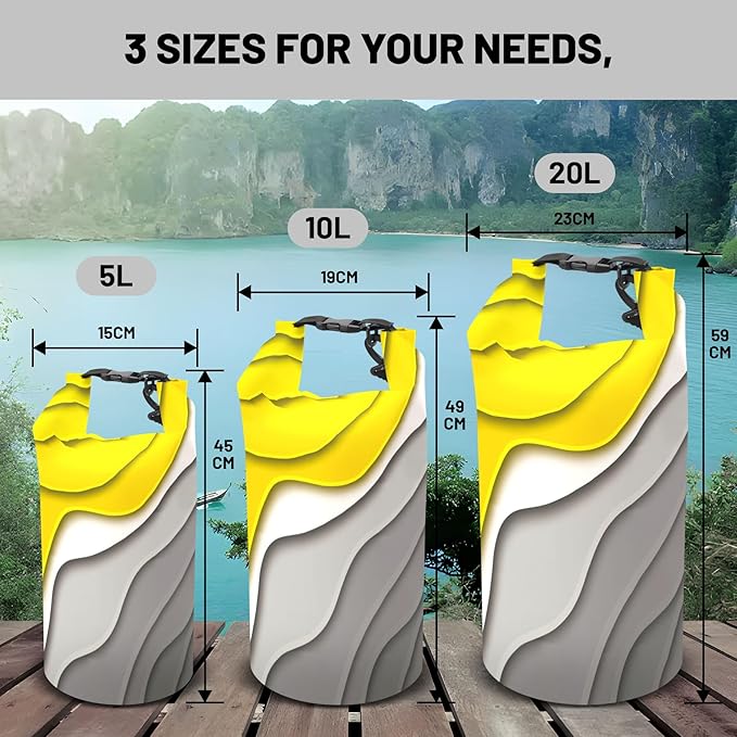 Waterproof Dry Bag,Roll Top Yellow Gray Geometric Modern Small Waterproof Backpack 5L/10L/20L Floating Lightweight Bags for Kayaking, Boating, Fishing, Swimming Camping with Waterproof Phone Case