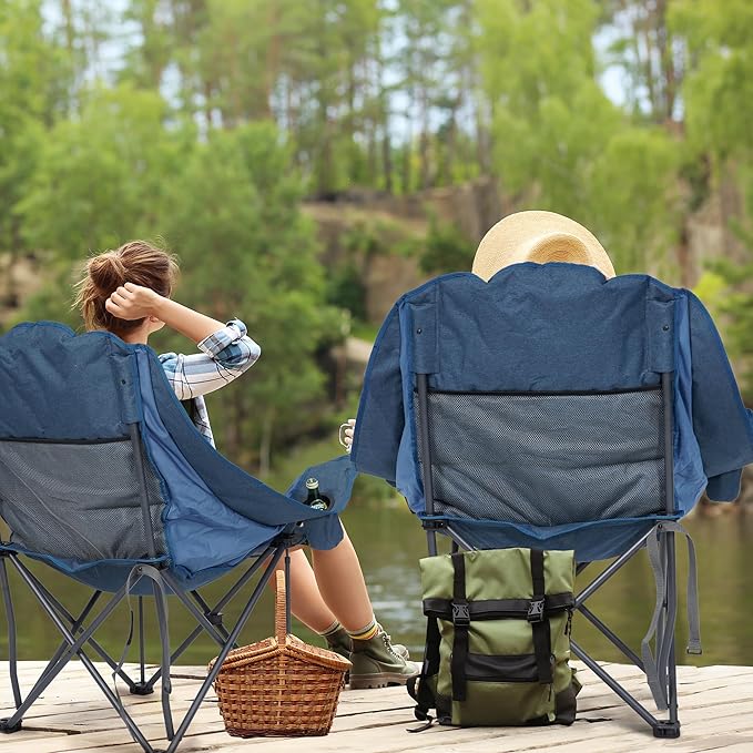 Oversized Camping Chair, Portable Folding Padded Camp Chairs with Side Pocket, Cup Holder, Heavy Duty Support 500LBS Outdoor Lounge Chair for Adults, Fishing, Sports, Trip, Navy Blue
