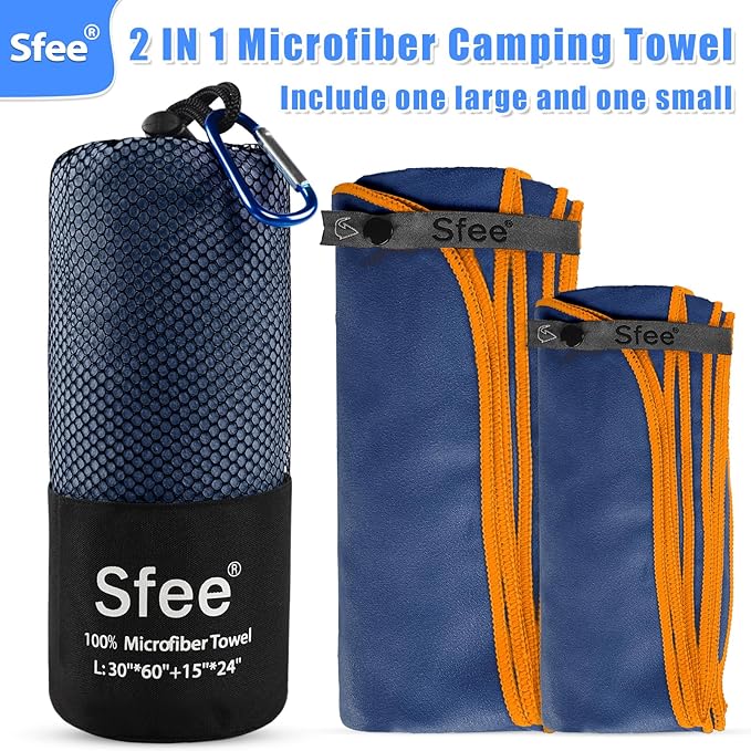 Sfee 2 Pack Microfiber Travel Towel, Quick Dry Towel Camping Towel Large Beach Towel Super Absorbent Compact Size