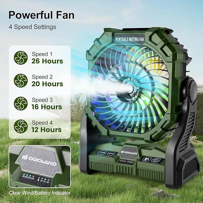 Odoland Bundle - 2 Items Portable LED Camping Lantern & Portable Misting Fan with Light & 250mL Water Tank