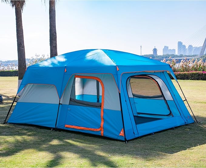 KTT Extra Large Tent 6-10-12-14 Person(Style-B),Family Cabin Tents,2 Rooms,3 Doors and 3 Windows with Mesh,Straight Wall,Waterproof,Double Layer,Big Tent for Outdoor,Picnic,Camping,Family Gathering