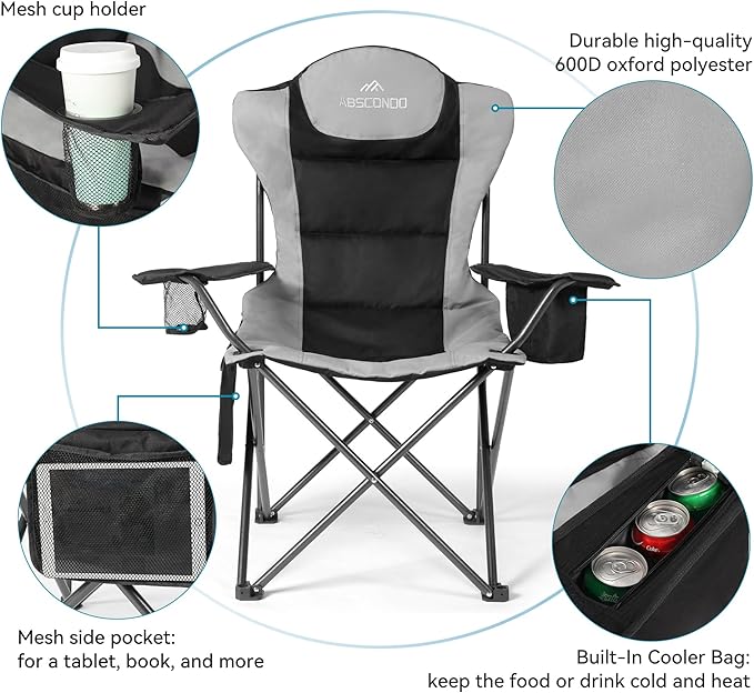 ABSCONDO Camping Chairs for Adults, Oversized Folding Camp Chair for Outdoor with Cup Holder & Cooler Bag, XL Heavy Duty Lawn Chairs Supports up to 350lbs (2 Pcs)