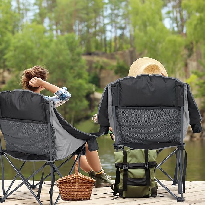 Oversized Camping Chair, Portable Folding Padded Camp Chairs with Side Pocket, Cup Holder, Heavy Duty Support 500LBS Outdoor Lounge Chair for Adults, Fishing, Sports, Trip, Black