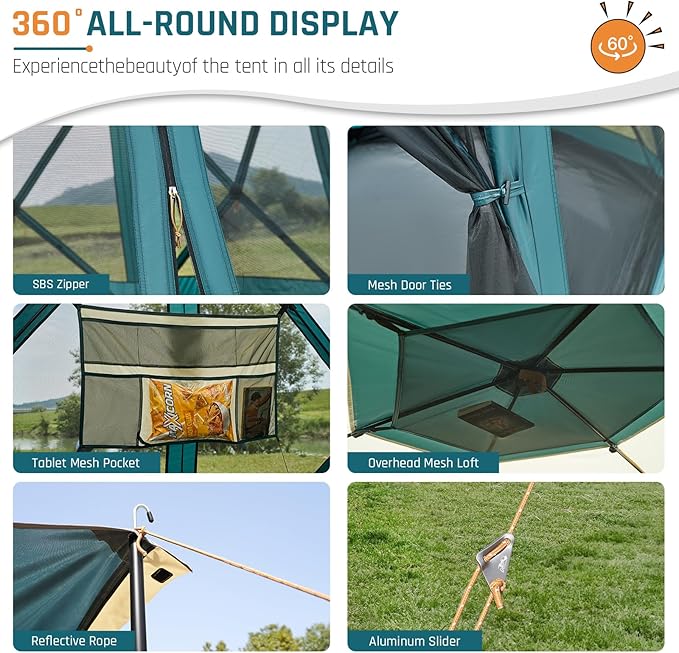Instant Tents for Camping Pop Up Screen Tent with Floor, 6 Person Large Family Camping Tent with Rainfly and Porch, Easy 60S Setup Hub Tent for Outdoor Picnic Backyard, 11.5x10x6.83FT