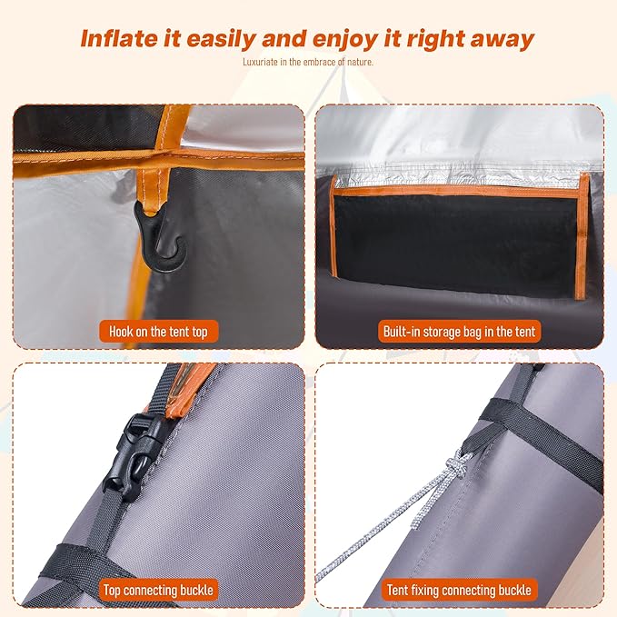 Automatic Inflatable Tent for Camping 4 Person, Pop Up Tents for Camping with 2-3 Min Set Up, Windproof Waterproof Tents with Mosquito Screen Window, Portable Tent for Traveling