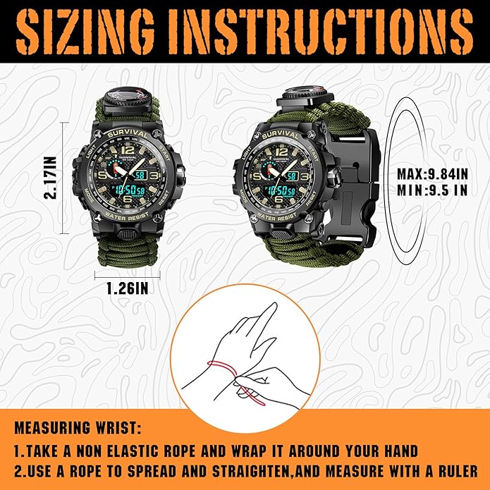 23-in-1 Military Tactical Watch for Men, Multifunctional Outdoors Waterproof Survival Watches with Compass Whistle Fire Starter and Thermometer, Paracord Watch Bracelets with Outdoor Army Gear…