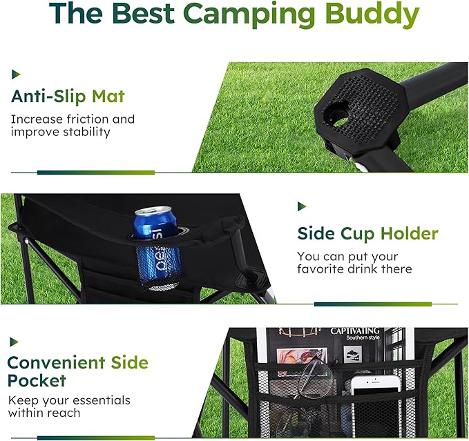 ALPHA CAMP Folding Camping Chairs for Adults Lawn Chairs Outdoor Chairs Support 250 LBS Portable Camp Chairs with Cup Holders Cooler Pouch for Outdoor, 2 Pack (Black)