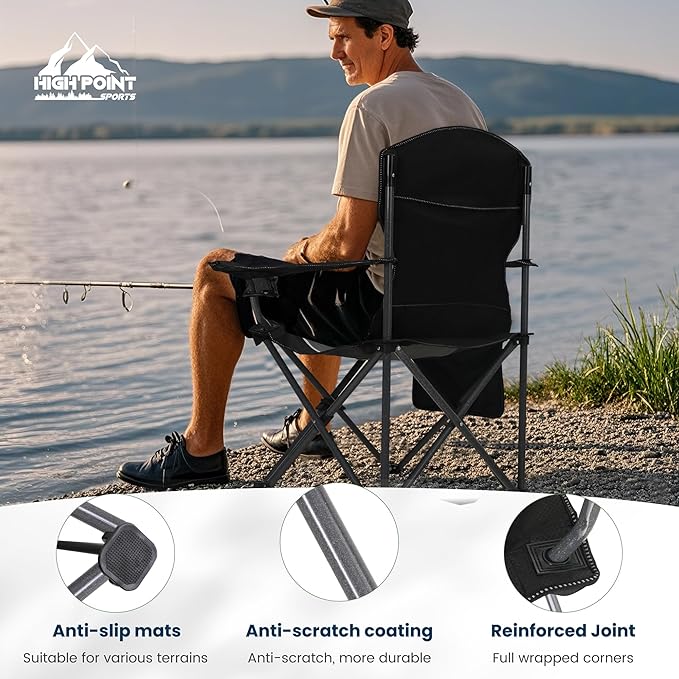 HIGH POINT SPORTS Oversized Camping Folding Outdoor Chair with Armrest, Collapsible Portable Lawn Chair with Cup Holder for Adults Support 350 LBS, Gray-Black