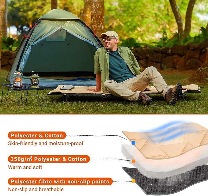 KingCamp Cot Pad Topper for Camping, Soft Warm Non-Slip Cot Mattress, Comfortable Lightweight Sleeping Mat for Outdoor & Indoor, Picnic, Hiking, Backpacking, Yoga