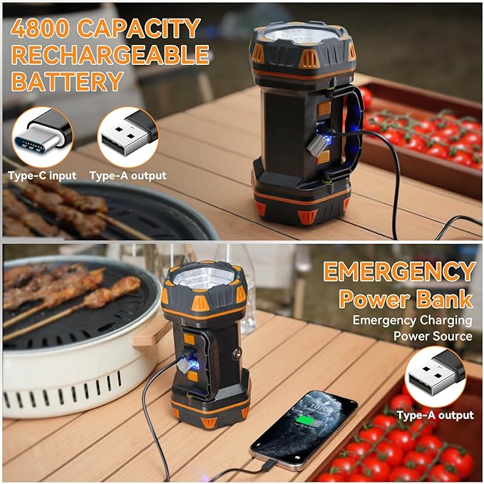 AlpsWolf Camping Lantern Rechargeable, LED Camping Flashlight, 4800 Capacity, Portable Camping Light 12h Standby, 4+4 Modes for Emergency, Hiking, Power Outages, Fishing Orange