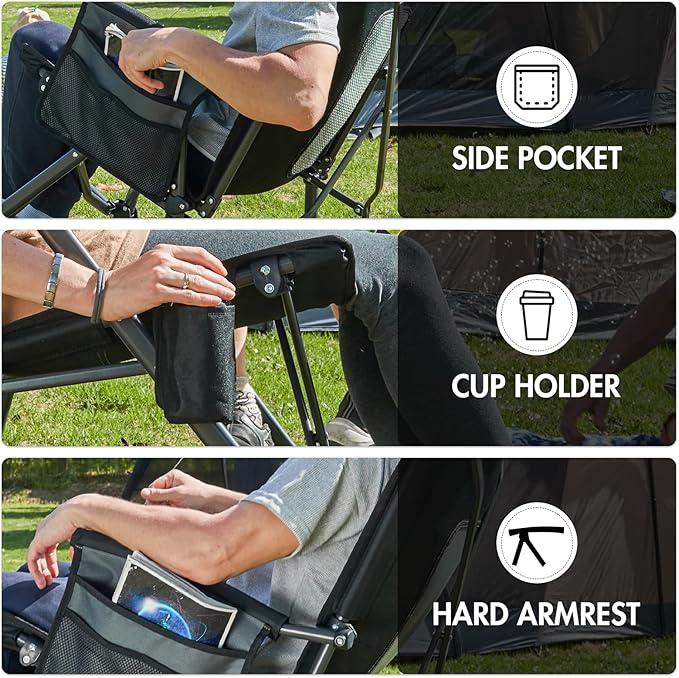 PORTAL Oversized Folding Rocking Camping Chair Portable Outdoor Rocker with High Back Hard Armrests Carry Bag, Supports 400 lbs