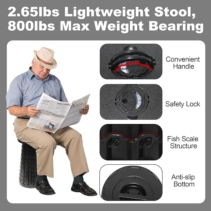 ALEVMOOM 18" Collapsible Stool, 800lbs Max Weight, Heavy Duty Portable Retractable Folding Telescoping Foldable Camping Stool for Adults Outdoor Fishing Travel BBQ (Black)