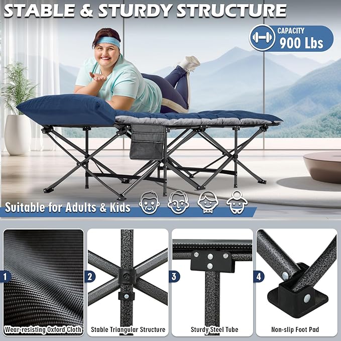 Oversized Folding Camping Cot 32inch w/Mattress, Heavy Duty Portable Sleeping Cot with Carry Bag, Double Layer Oxford Travel Camp Cots for Outdoors & Indoors, Suit for Adults Kids ,Navy/Grey