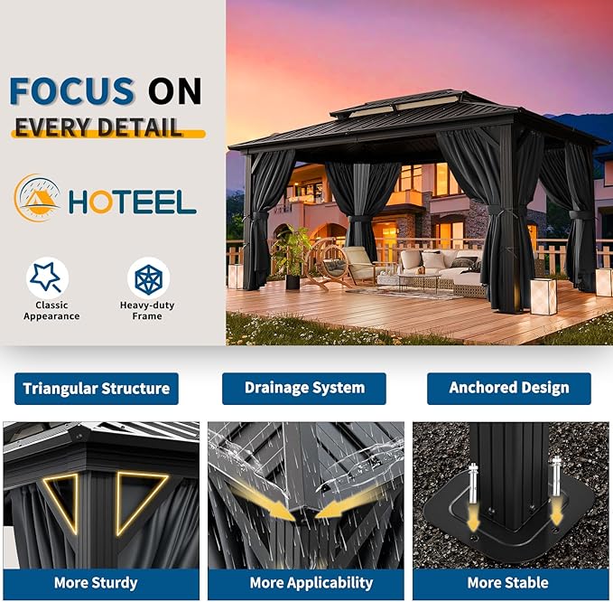 HOTEEL 10x12 Hardtop Gazebo on Clearance with Heavy Duty Galvanized Steel Double Metal roof,Aluminum Frame,Patio Gazebo with Curtains and Netting,Outdoor Permanent Pavillon for Backyard,Black