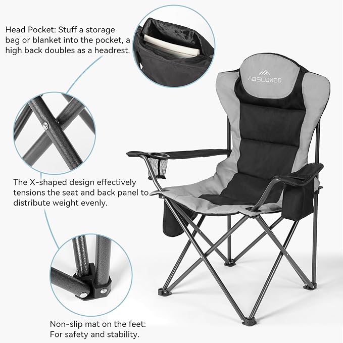 ABSCONDO Camping Chairs for Adults, Oversized Folding Camp Chair for Outdoor with Cup Holder & Cooler Bag, XL Heavy Duty Lawn Chairs Supports up to 350lbs (2 Pcs)