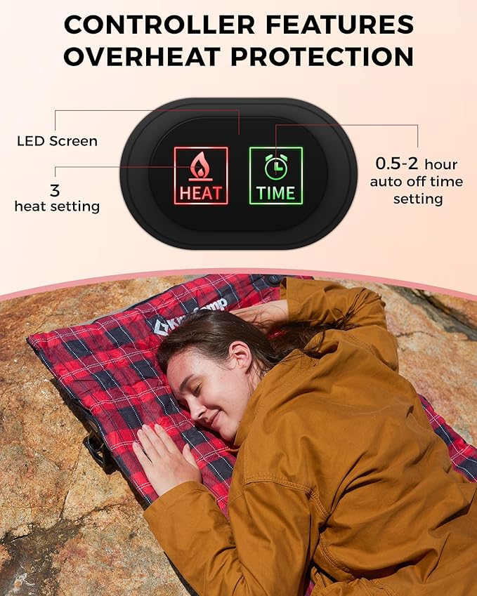 KingCamp 6 Heating Zones Sleeping Bag Liner, 3s Heat-up Portable XL Heated Sleeping Bag Pad for Cold Weather Camping, Hiking, 100% Cotton Flannel, Multi USB Power Supported, Compact Bag Included