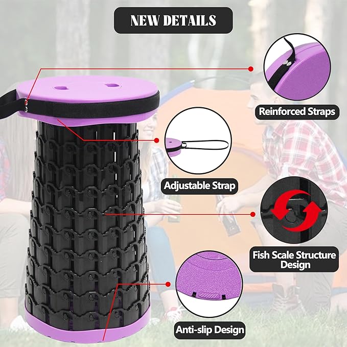 ALEVMOOM Collapsible Stool with Cushion, H18.1 D10.24 Portable Telescoping More Sturdy Load Capacity 600Lbs, Retractable Adjustable Camping Folding Stool for Outdoor Hiking BBQ Climb