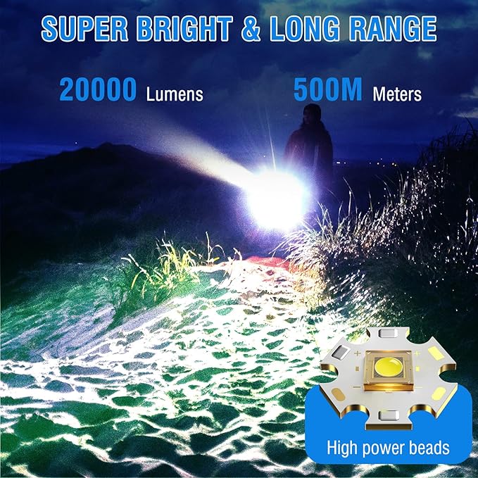 BORUIT Rechargeable Flashlight High Lumens 20000 Lumens LED White Red Light Torch,8 Modes IPX4 Waterproof Powerful USB C Tactical Flashlight Work Light for Outdoor, Emergency & Daily Use