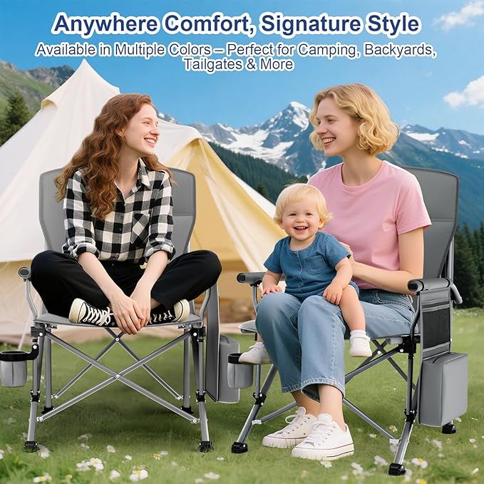 XL Heavy Duty Camping Chair 396lb Capacity (525lb MAX) - Waterproof 1680D Oxford - Oversized 2" Thick Padded Seat with Cup Holder & Cooler - Portable for Camping, Beach, Tailgating Slate/Navy